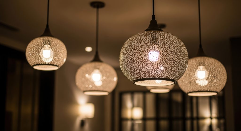 a group of four hanging lamps in a room photo a group of four hanging lamps in a room photo