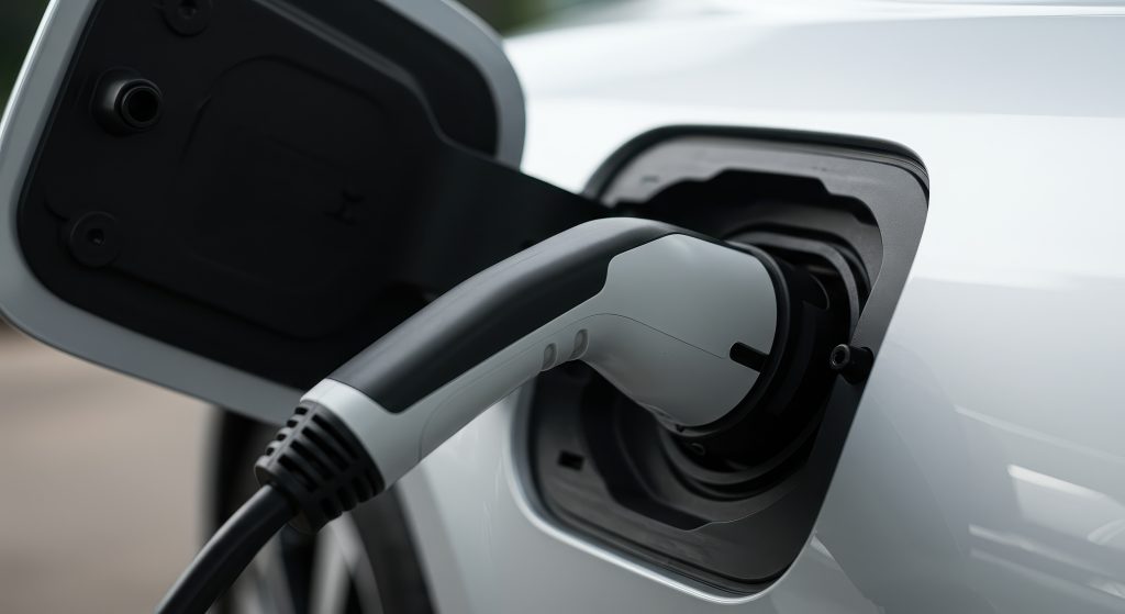 close up of an electric vehicle charging with a plug inserted into the car port photo